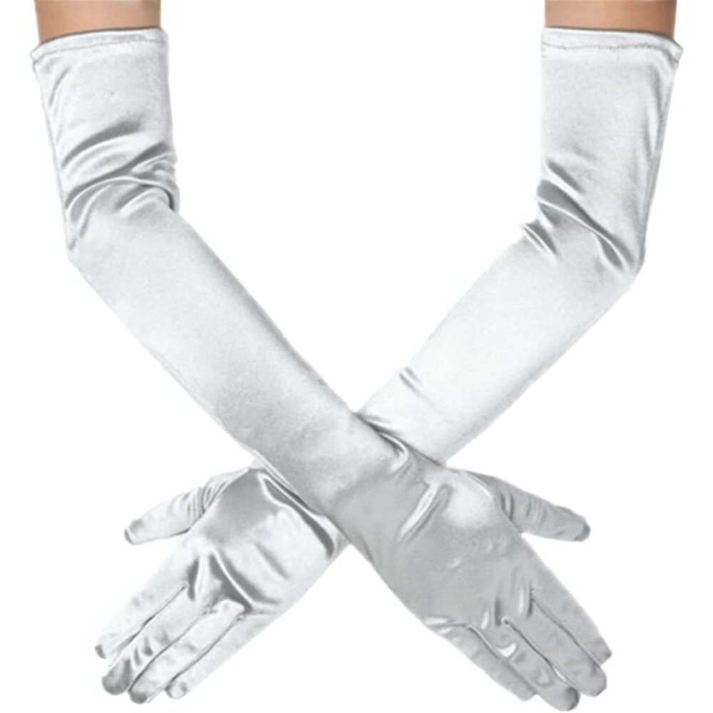 Women's Silver Evening Long Satin Finger Gloves Halloween Wedding Party Prom